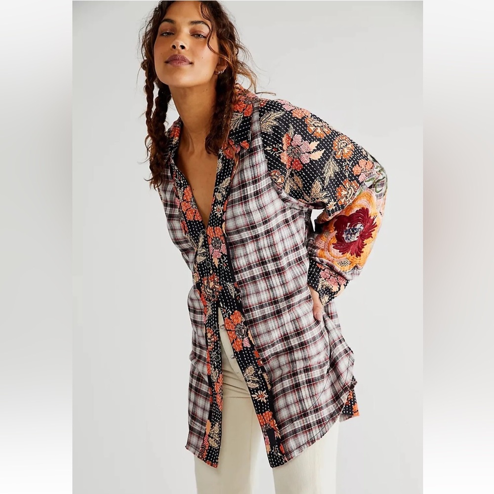 Free People We The Free Coast to Coast Plaid Floral Embroidered Button Down Top
